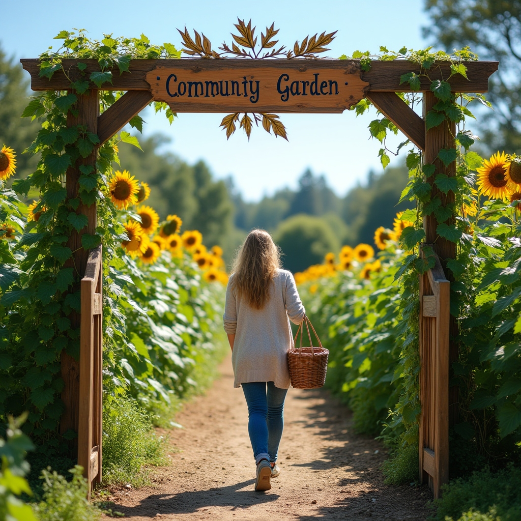 Wooden entrance gate to a community garden with a hand-painted welcome sign