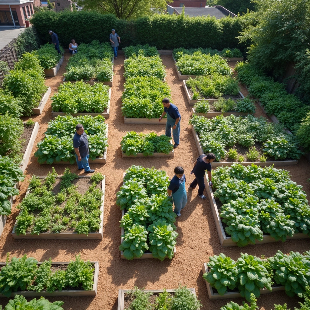 Overhead view of a community garden with organized raised beds and volunteers tending rows
