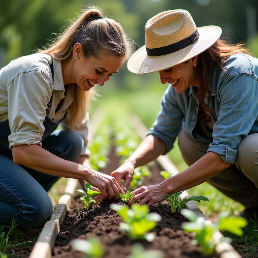 An experienced gardener showing a newcomer how to check soil moisture in a raised bed