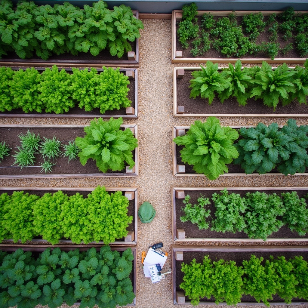 Overhead view of raised garden beds arranged in an organized grid pattern with clear walking paths