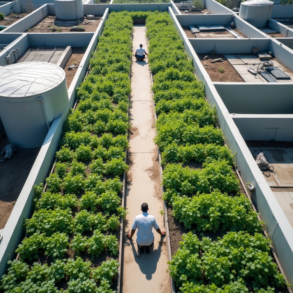 Overhead view of neat rooftop urban farm rows with mixed vegetable beds