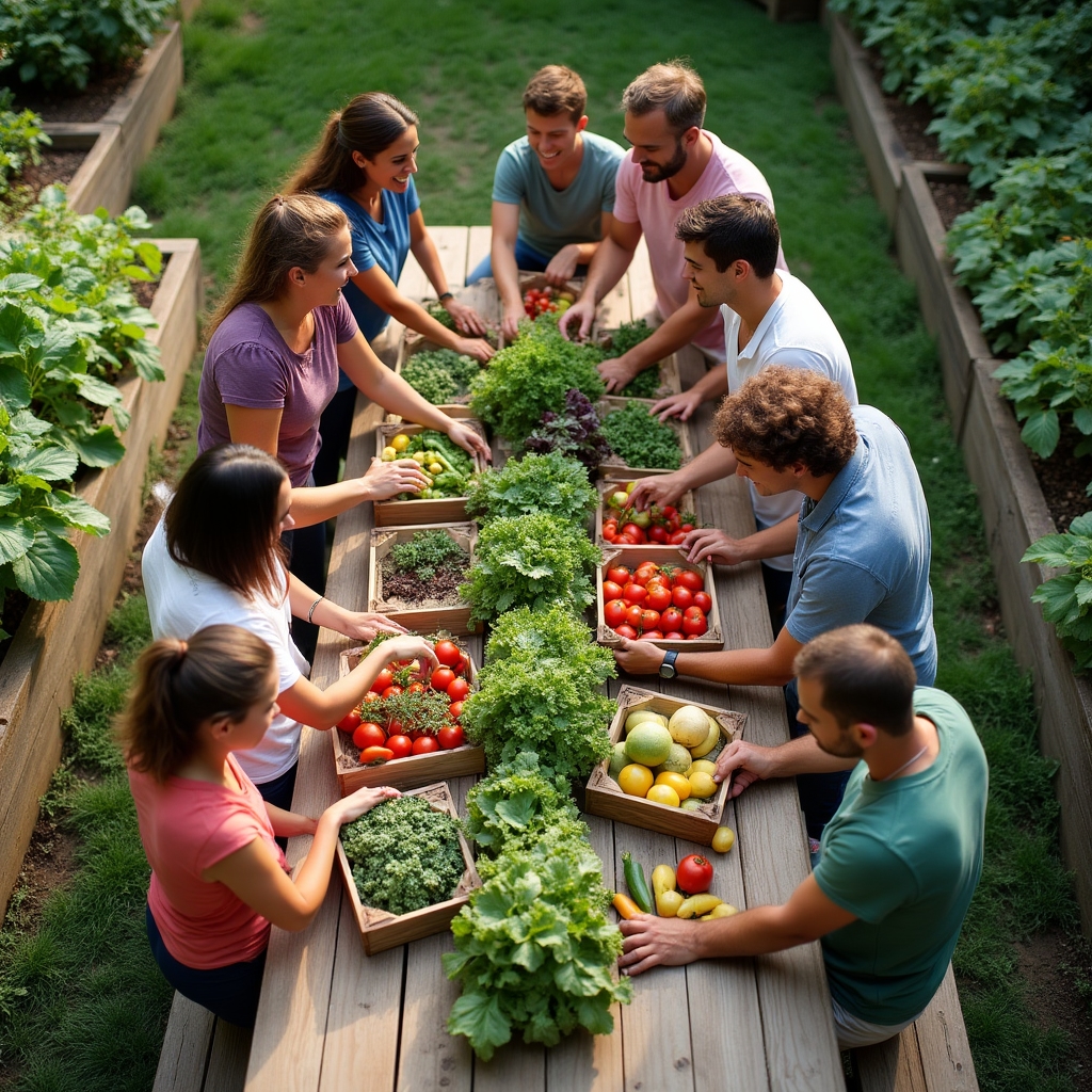 Community members gathered around harvested vegetables at an outdoor table