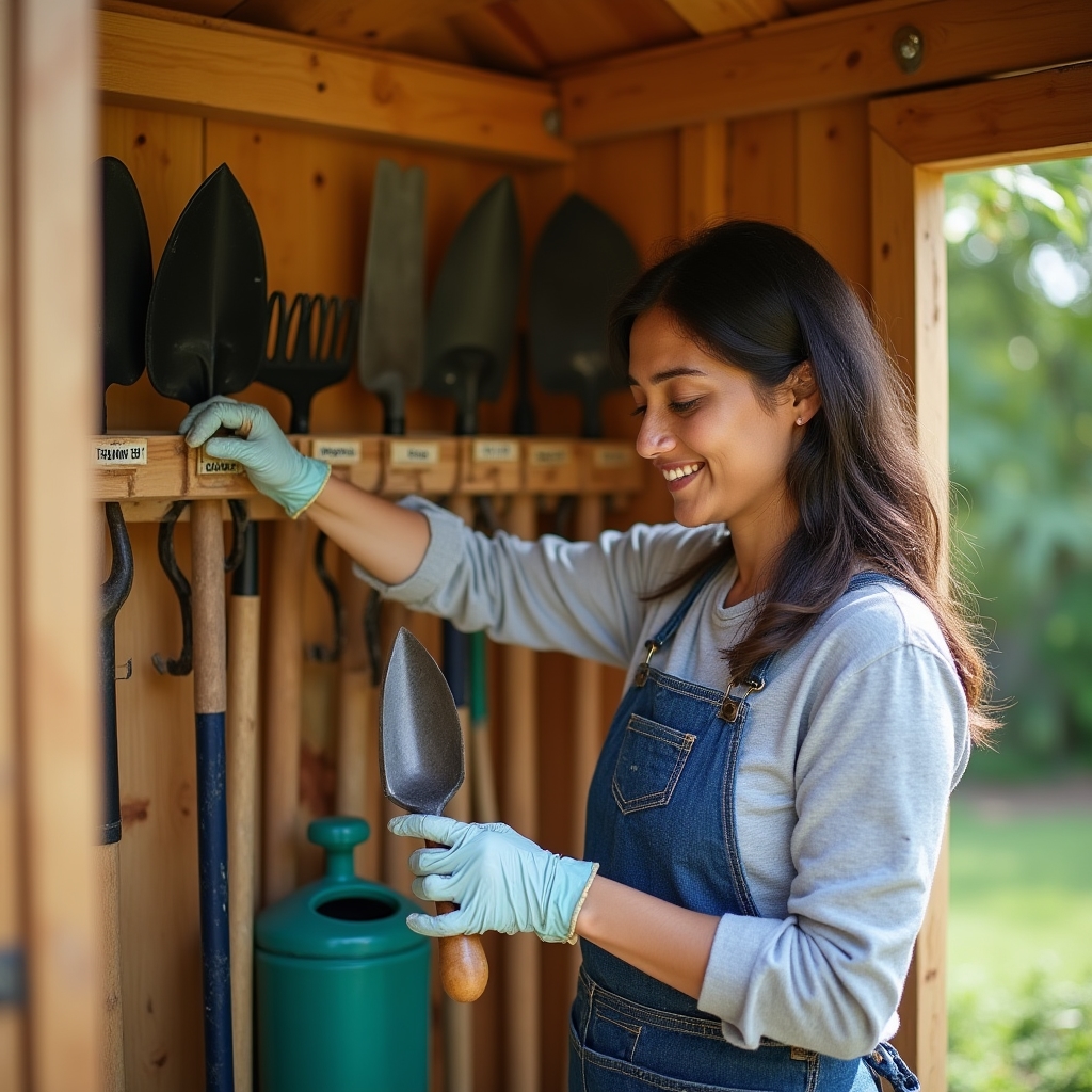 Organized garden tool shed with labeled hooks and storage bins for shared community tools