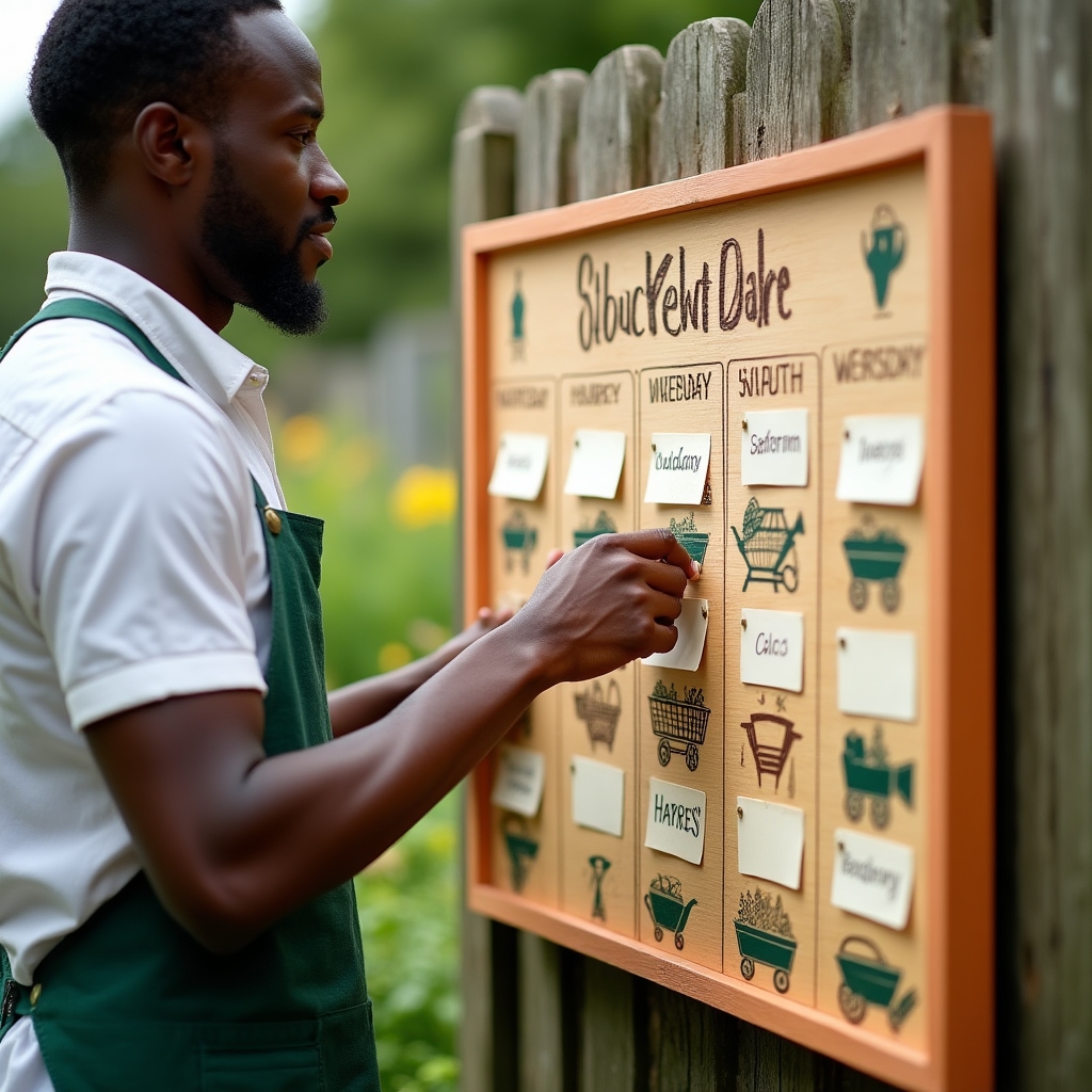 Wooden task rotation board with rotating name tags assigned to watering, weeding and harvest duties