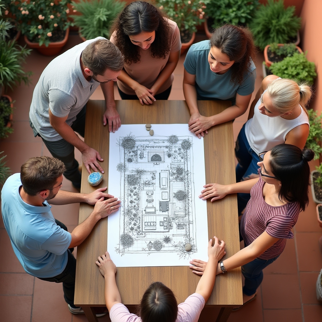 Group of volunteers gathered around a garden layout sketch discussing plot assignments