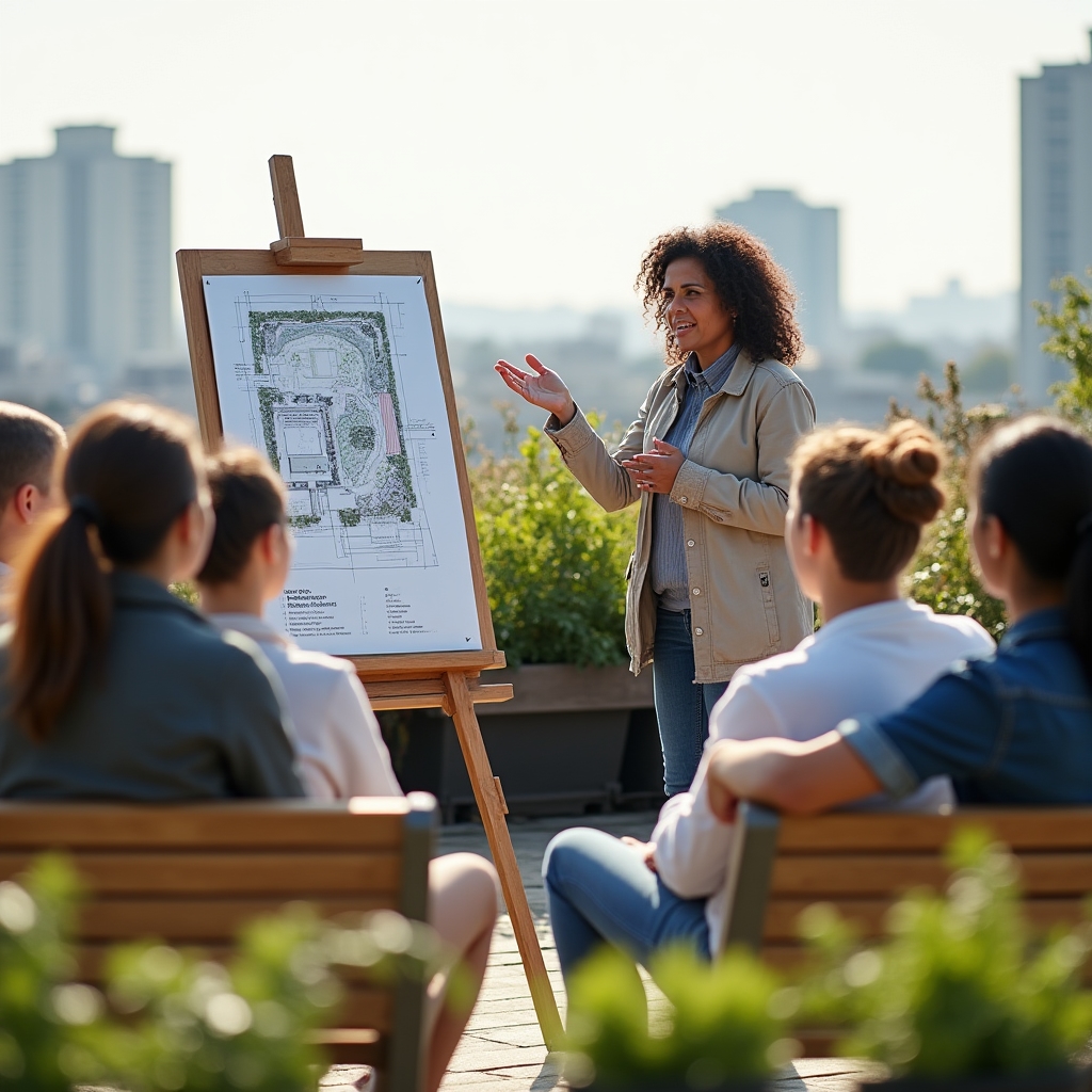 Facilitator leading an outdoor workshop with a group seated around a garden layout diagram